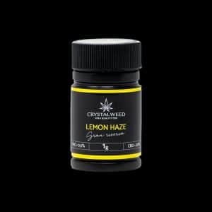 Barattolo Crystalweed “Lemon Haze” da 1 g per infiorescenza CBD su sfondo nero.