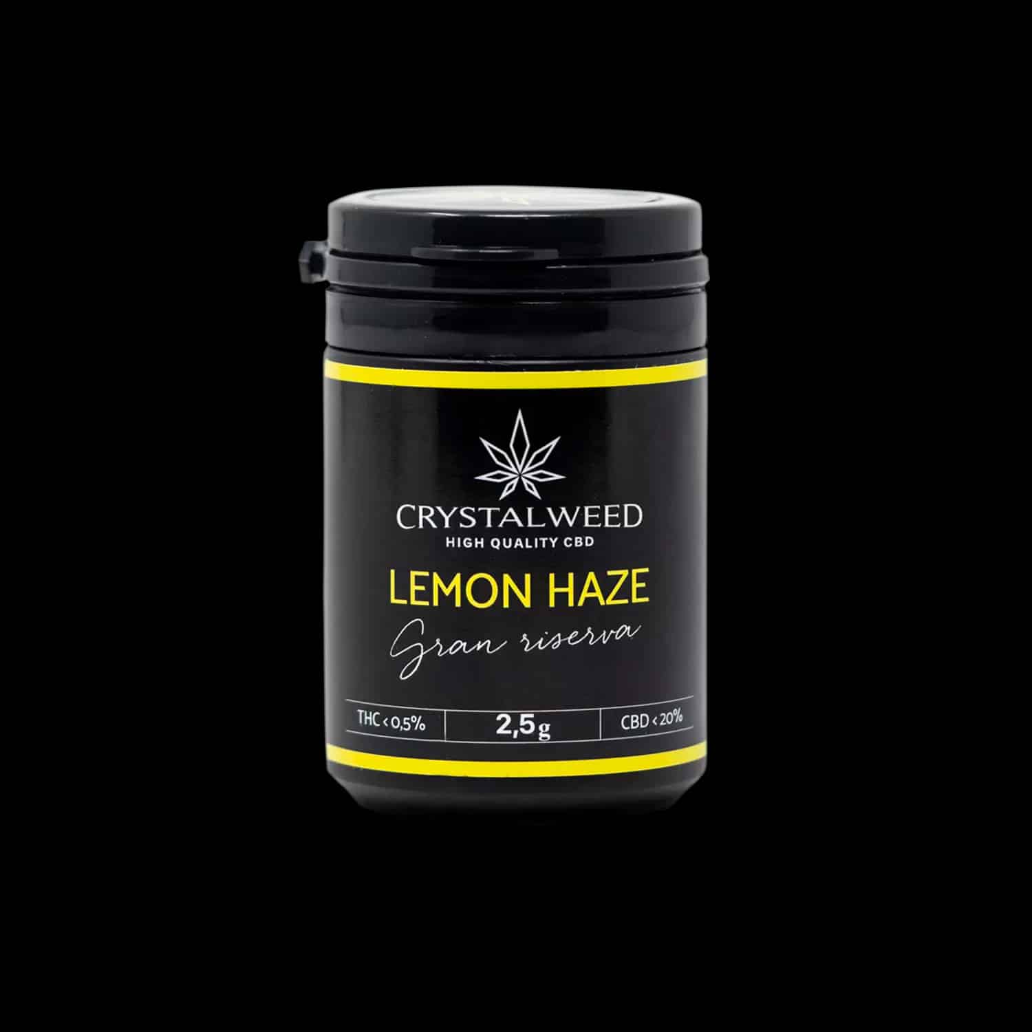 Barattolo Crystalweed &ldquo;Lemon Haze&rdquo; da 2,5 g per infiorescenza CBD su sfondo nero.