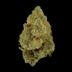 Primo piano di infiorescenza Lemon Haze CBD Crystalweed, compatta e resinosa, su sfondo nero.