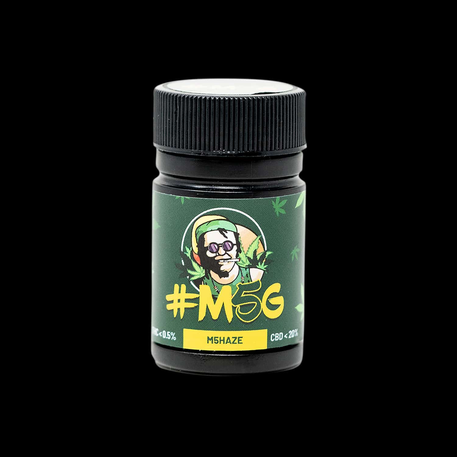 Barattolo Crystalweed &ldquo;M5HAZE&rdquo; da 2,5 g per infiorescenza CBD su sfondo nero.