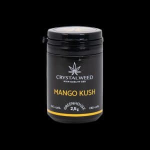 Barattolo Crystalweed “Mango Kush” da 2,5 g per infiorescenza CBD su sfondo nero.