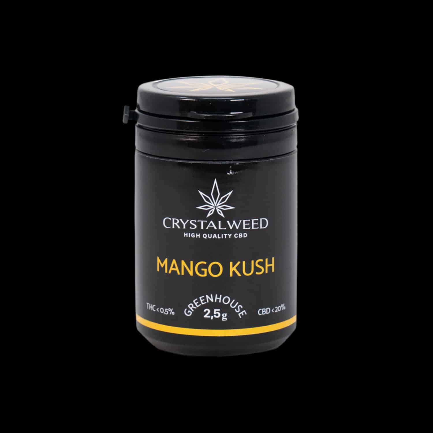 Barattolo Crystalweed &ldquo;Mango Kush&rdquo; da 2,5 g per infiorescenza CBD su sfondo nero.