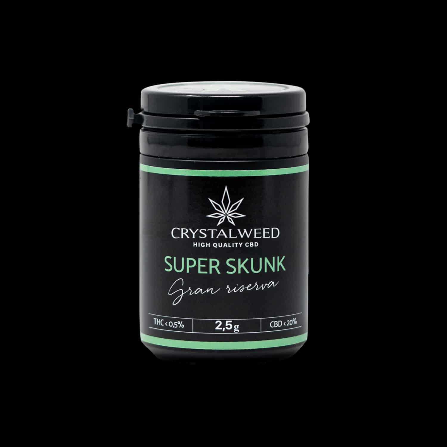 Barattolo Crystalweed &ldquo;Super Skunk&rdquo; Gran Riserva da 2,5 g per infiorescenza CBD su sfondo nero.