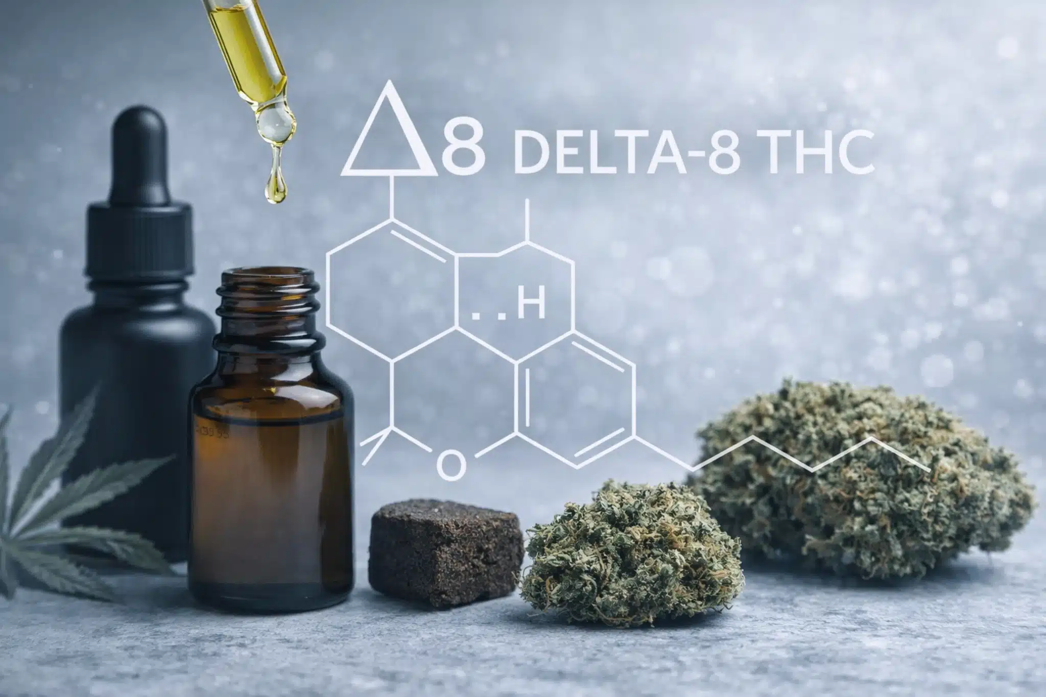 Boccette e goccia di olio con infiorescenze e grafica ‘Delta-8 THC’ su sfondo freddo.