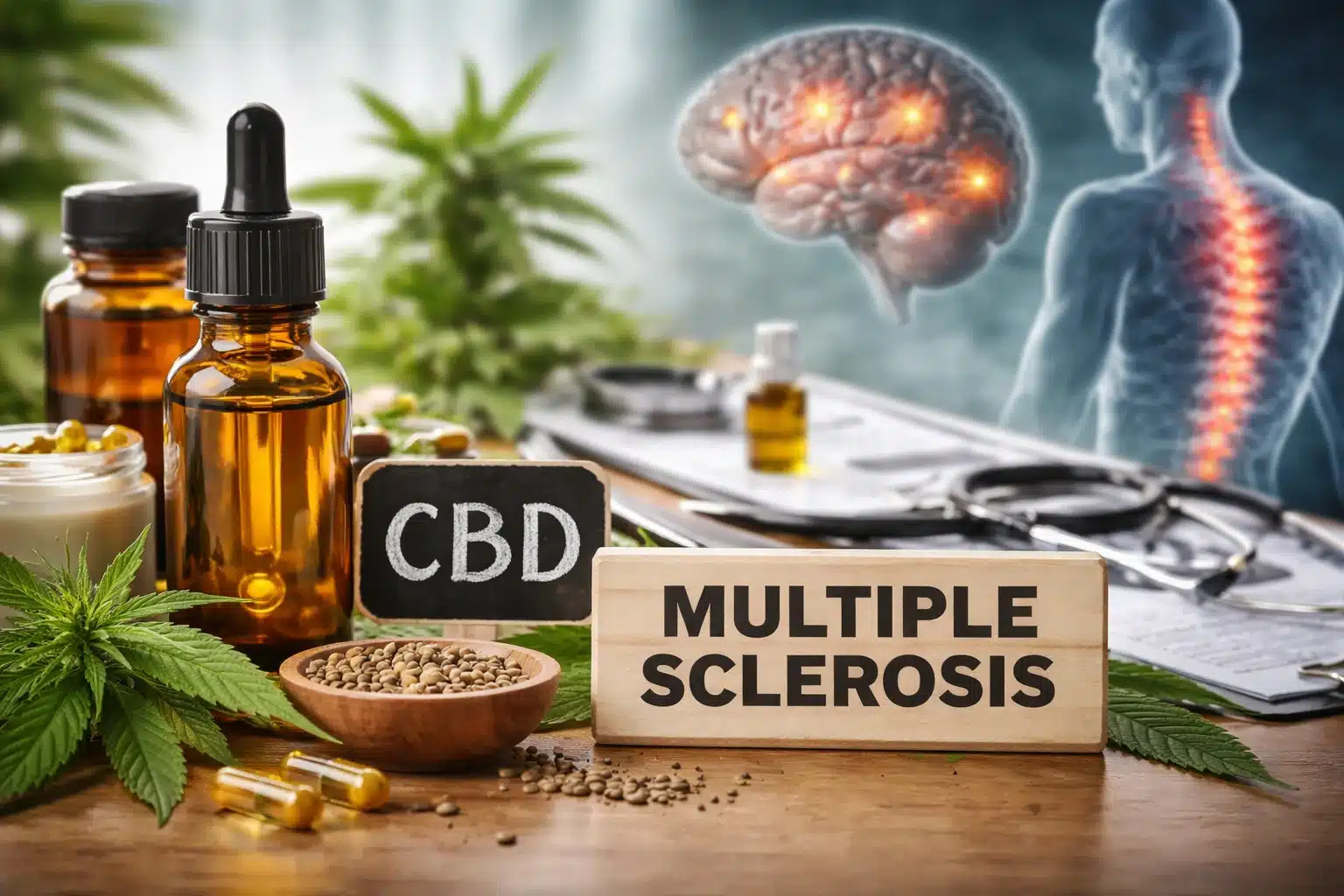 Olio di CBD con elementi medici che rappresentano la sclerosi multipla e il sistema nervoso centrale