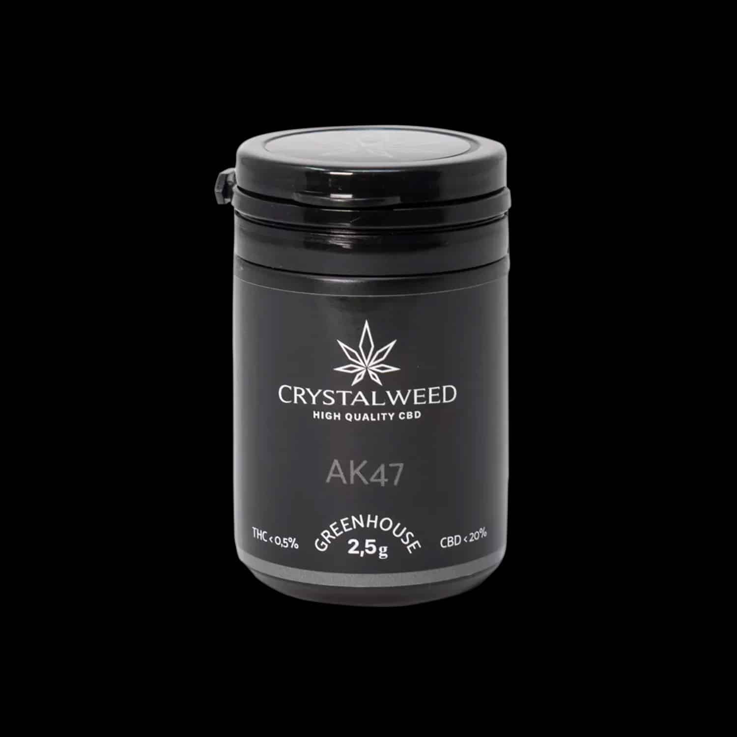 Barattolo Crystalweed &ldquo;AK47&rdquo; da 2,5 g per infiorescenza CBD su sfondo nero.