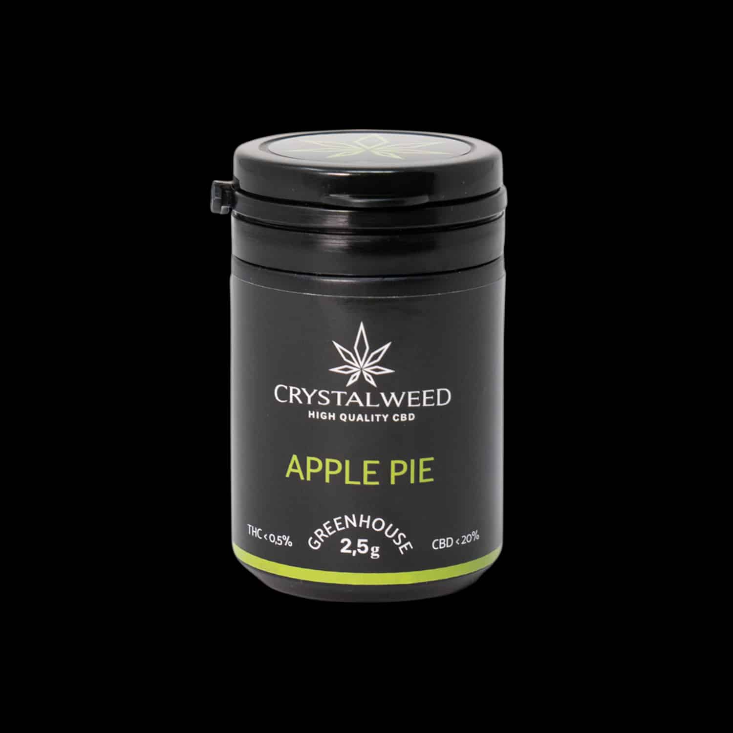 Barattolo Crystalweed &ldquo;Apple Pie&rdquo; da 2,5 g per infiorescenza CBD su sfondo nero.