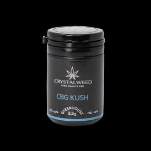 Barattolo Crystalweed “CBG Kush” da 2,5 g per infiorescenza CBD su sfondo nero.