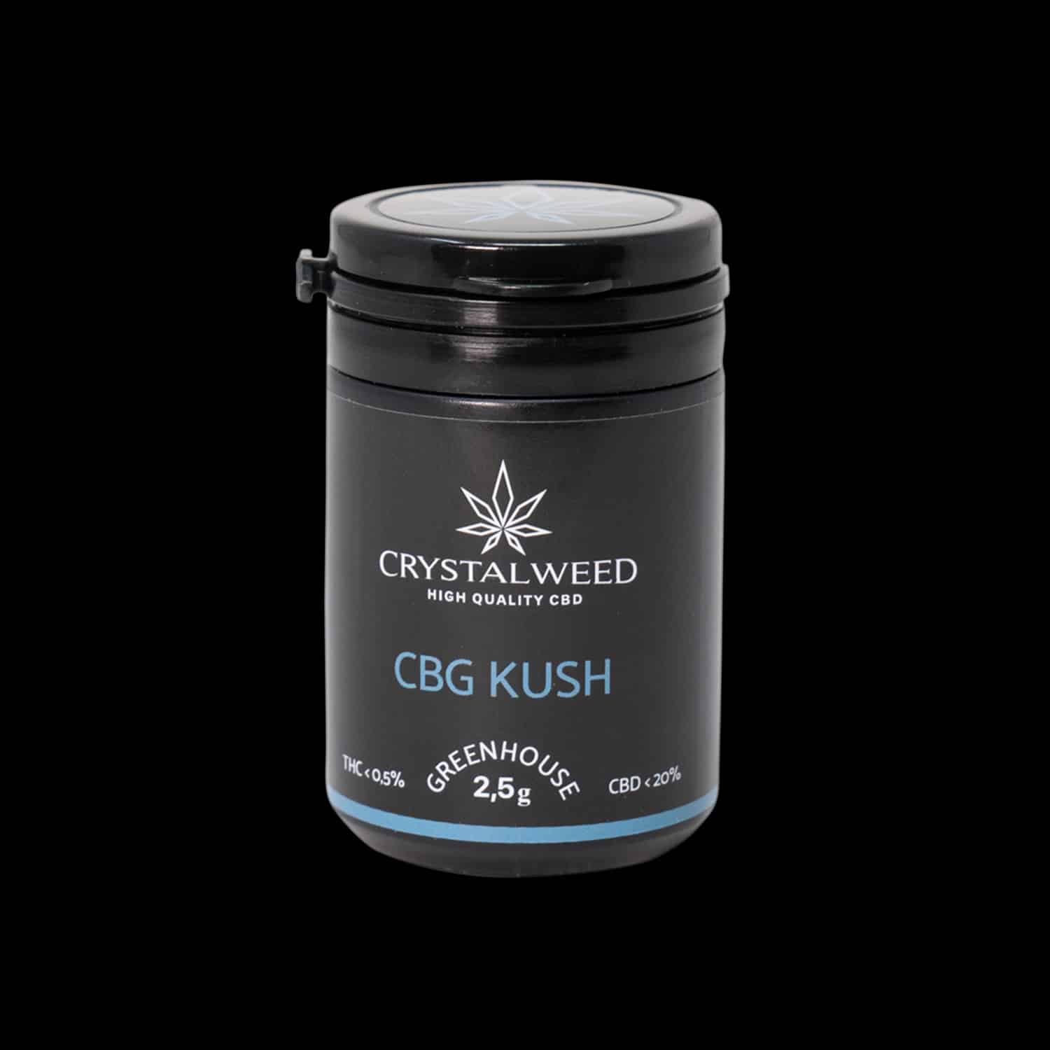 Barattolo Crystalweed &ldquo;CBG Kush&rdquo; da 2,5 g per infiorescenza CBD su sfondo nero.