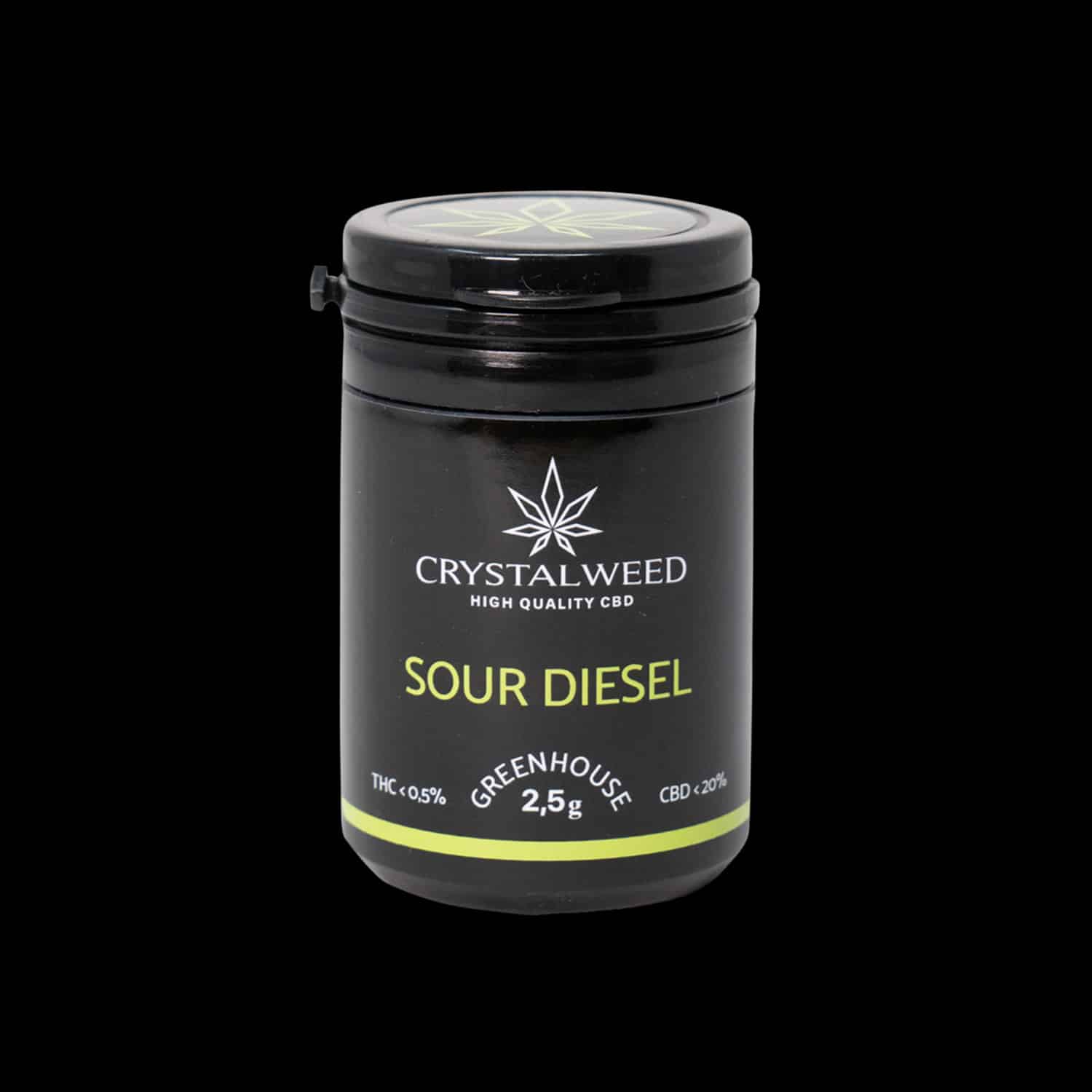 Barattolo Crystalweed &ldquo;Sour Diesel&rdquo; da 2,5 g per infiorescenza CBD su sfondo nero.