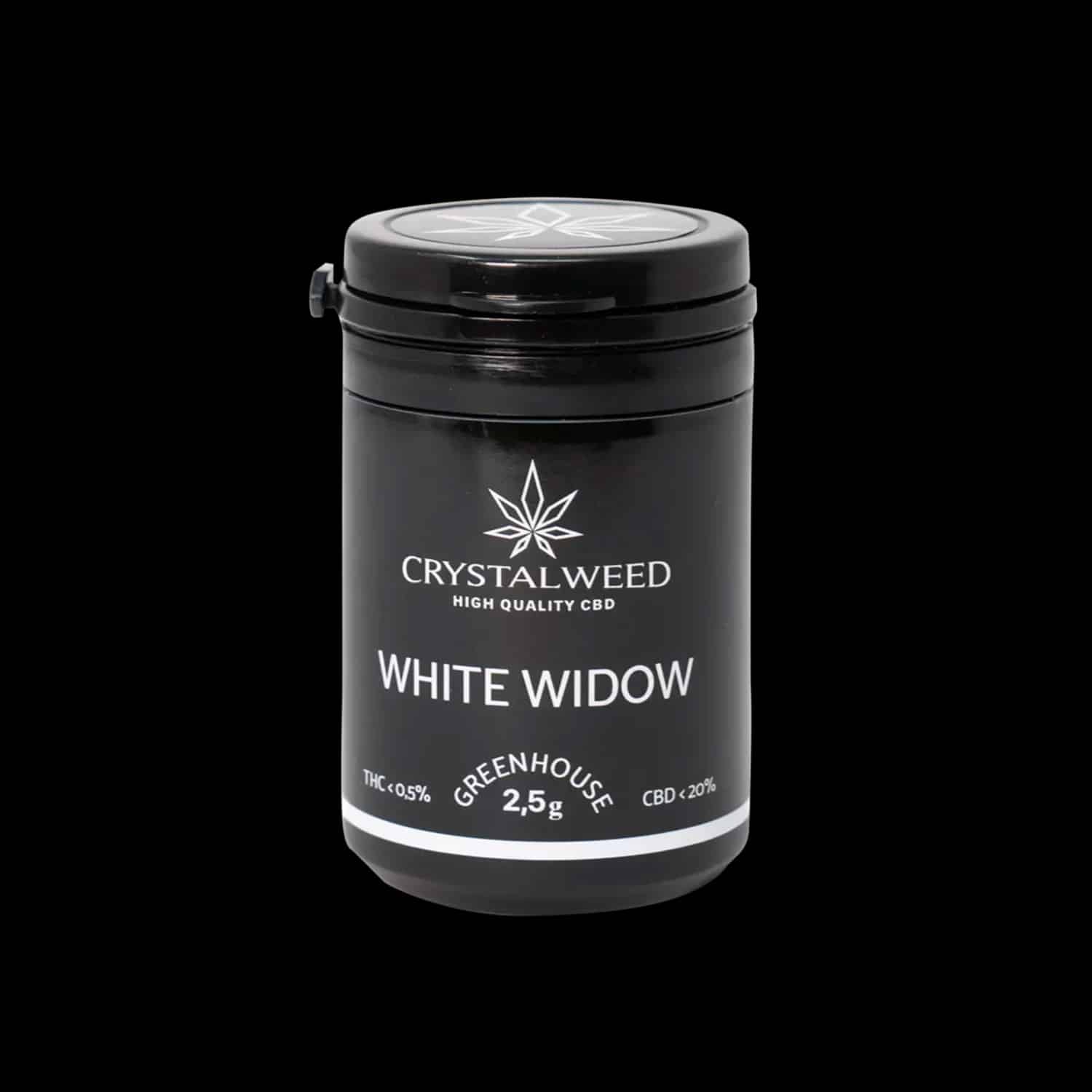 Barattolo Crystalweed &ldquo;White Widow&rdquo; da 2,5 g per infiorescenza CBD su sfondo nero.