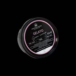 Barattolo Crystalweed “Gelato” da 10 g per infiorescenza CBD su sfondo nero.
