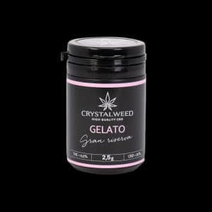 Barattolo Crystalweed “Gelato” da 2,5 g per infiorescenza CBD su sfondo nero.