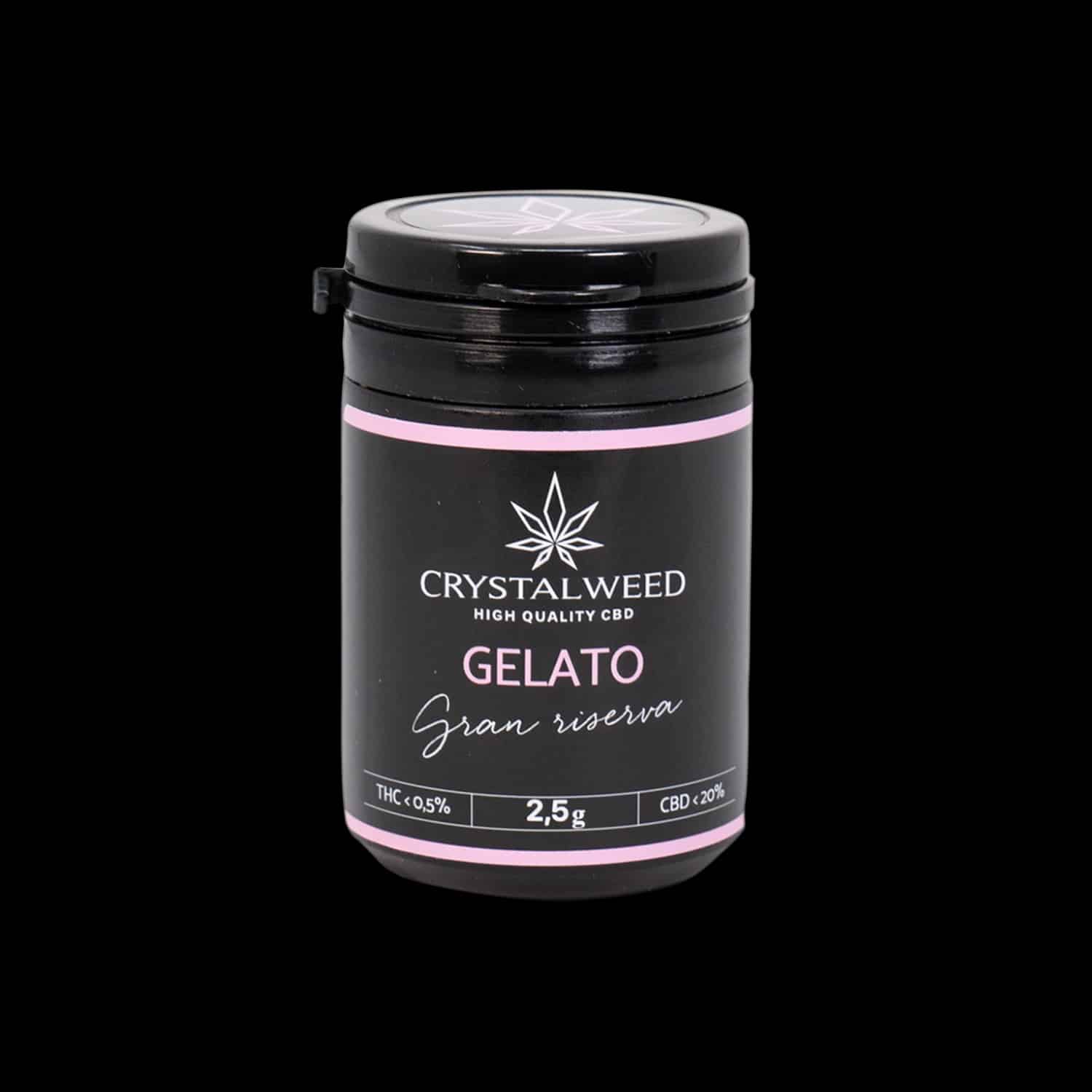 Barattolo Crystalweed &ldquo;Gelato&rdquo; da 2,5 g per infiorescenza CBD su sfondo nero.