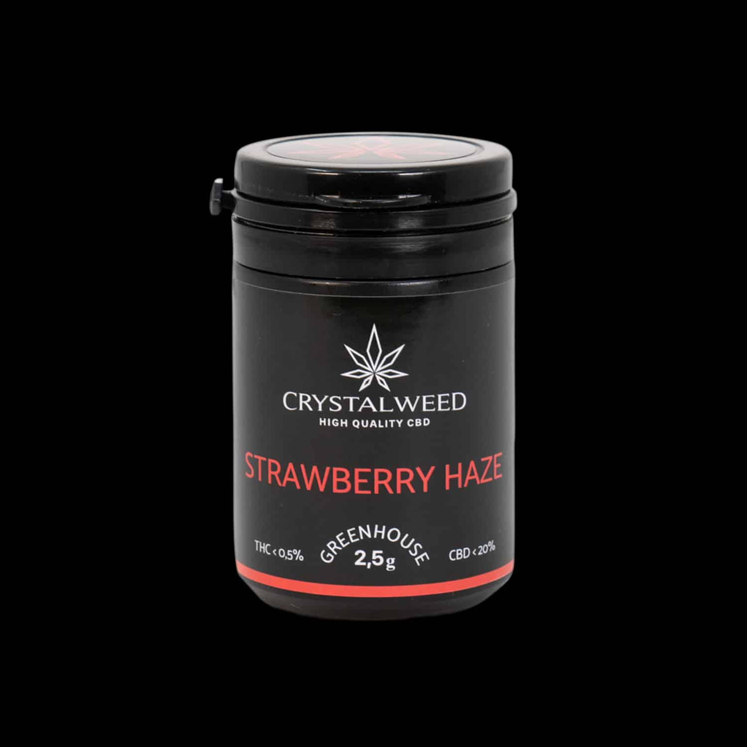Barattolo Crystalweed &ldquo;Strawberry Haze&rdquo; da 2,5 g per infiorescenza CBD su sfondo nero.