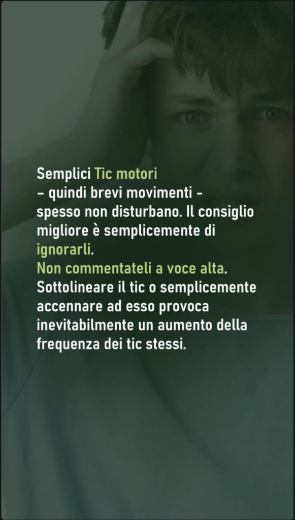 Infografica sui tic semplici della Sindrome di Tourette e consigli: ignorarli e non commentarli a voce alta per non aumentarne la frequenza.