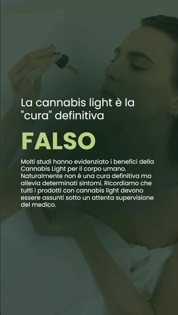 Falsi miti sulla cannabis light 3 Infografica che risponde alla domanda: la cannabis light è la cura definitiva? Spiega che non è la cura a tutto, ma allevia molti sintomi. Aggiunge che la cannabis light va presa sotto supervisione del medico.
