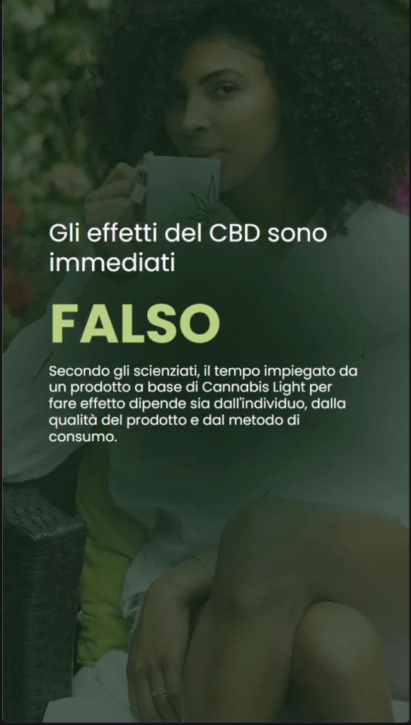 Falsi miti sulla cannabis light 4 Infografica che risponde alla domanda: gli effetti del CBD sono immediati? Spiega che dipende dall'individuo, dalla qualità del prodotto e dal metodo di consumo.
