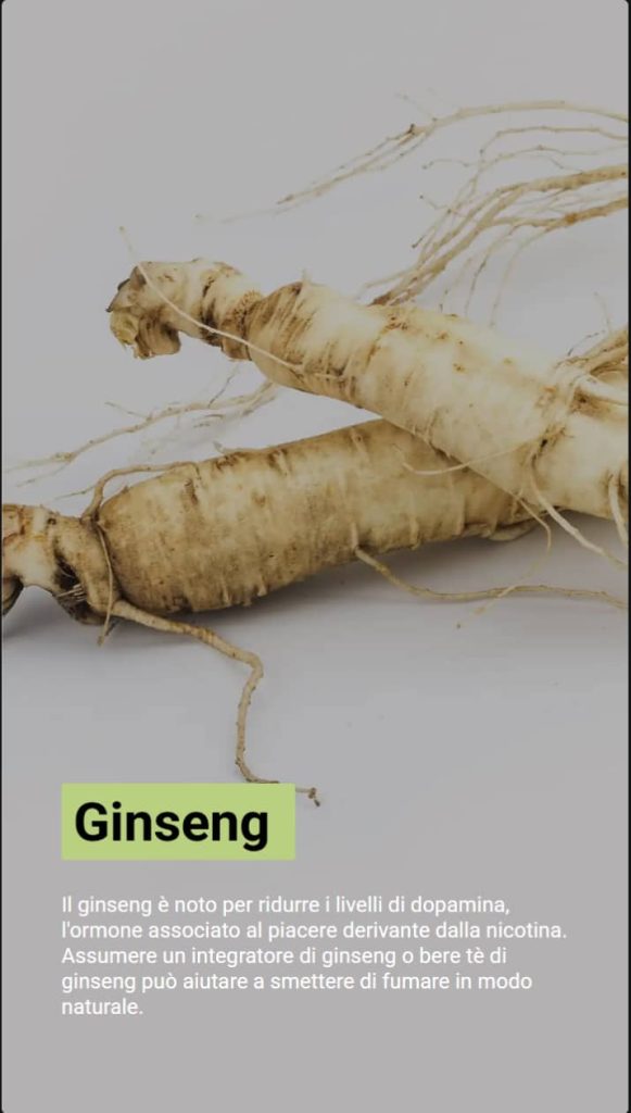 Foto di una pianta di ginseng. Il testo spiega che il ginseng riduce i livelli di dopamina ed aiuta a smettere di fumare.