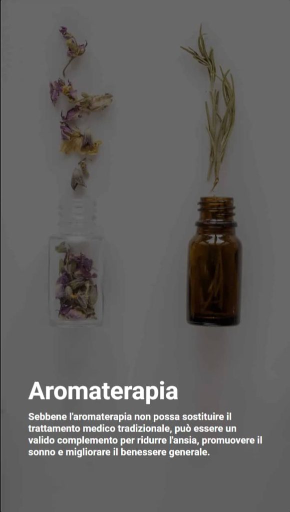 Due boccette con fiori secchi e rametto che esce dalla bottiglia, accompagnate da testo sui benefici rilassanti dell’aromaterapia per l’epilessia.