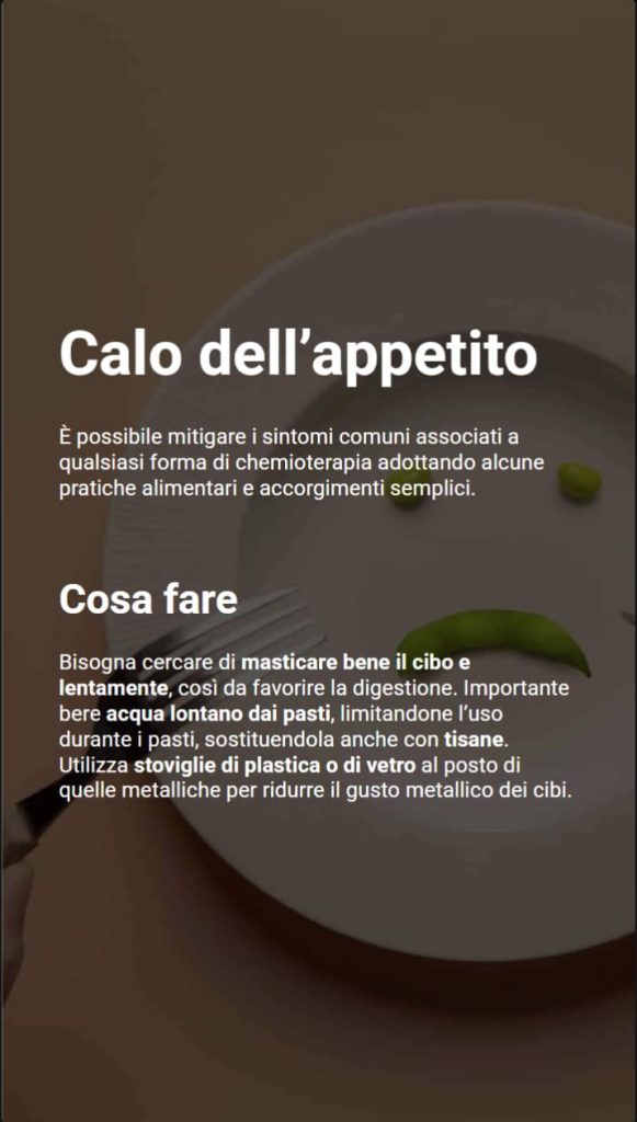 Sullo sfondo un piatto quasi vuoto con posate. Il testo consiglia cosa fare in caso di calo di appetito: mangiare lentamente, bere acqua lontano dai pasti, usare stoviglie non metalliche per ridurre il gusto alterato dei cibi.