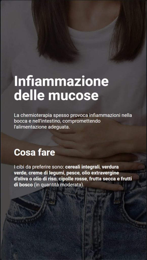 Sullo sfondo una donna con mani sulla pancia. Il testo dice cosa fare in caso di infiammazione delle mucose: mangiare cibo come cereali integrali, verdure, pesce e frutta secca per ridurre il disturbo.