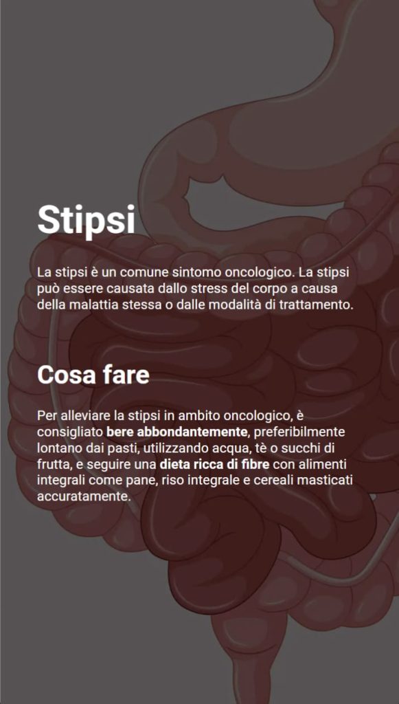 Sullo sfondo è mostrato il disegno di un intestino. Il testo dice cosa fare in caso di stipsi: idratazione abbondante e dieta ricca di fibre con cereali integrali e riso.