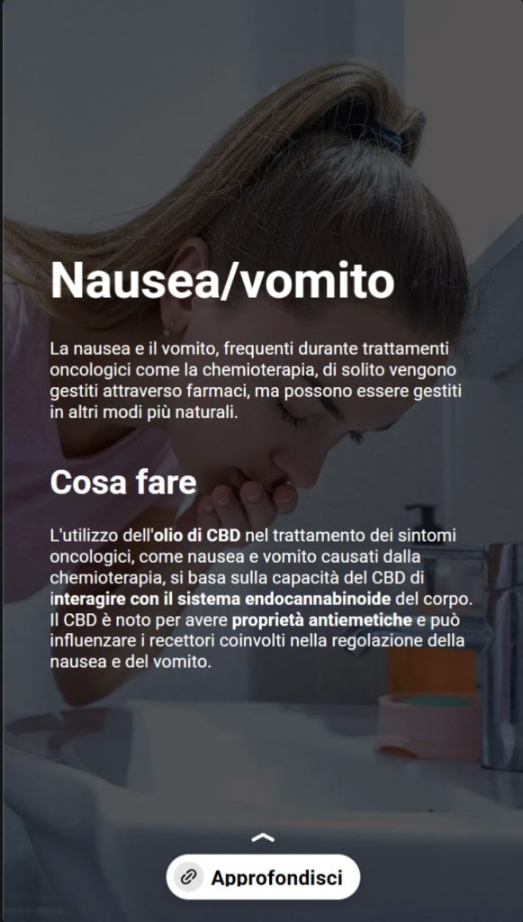 Sullo sfondo una donna che si tocca le labbra in segno di nausea. Il testo dice cosa fare in caso di nausea e vomito: usare l'olio di CBD come rimedio naturale per alleviare i sintomi, in quanto ha proprietà antiemetiche.