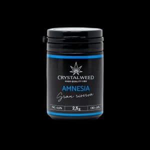 Barattolo Crystalweed “Amnesia” da 2,5 g per infiorescenza CBD su sfondo nero.