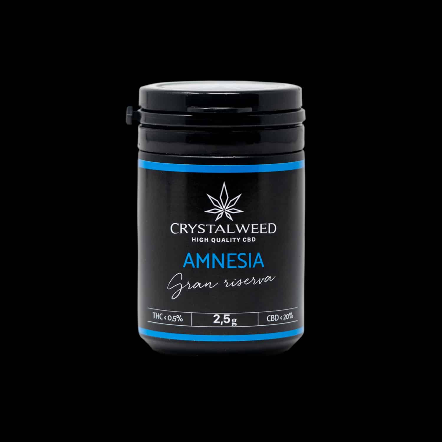 Barattolo Crystalweed &ldquo;Amnesia&rdquo; da 2,5 g per infiorescenza CBD su sfondo nero.
