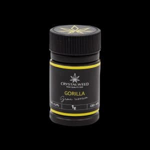 Barattolo Crystalweed “Gorilla Glue” da 1 g per infiorescenza CBD su sfondo nero.