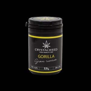 Barattolo Crystalweed “Gorilla Glue” da 2,5 g per infiorescenza CBD su sfondo nero.