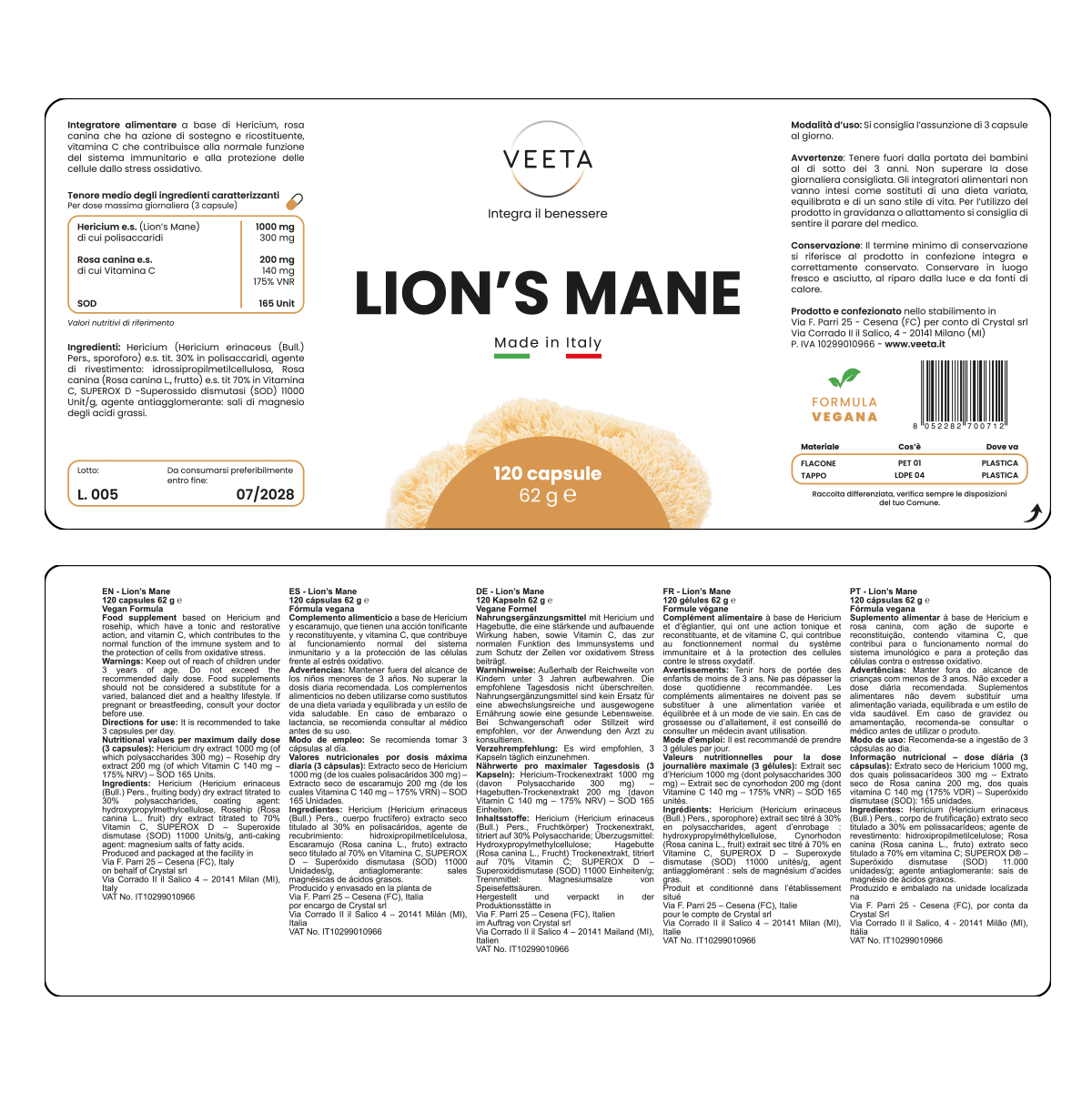 Lion's Mane fungo medicinale Veeta ingredienti