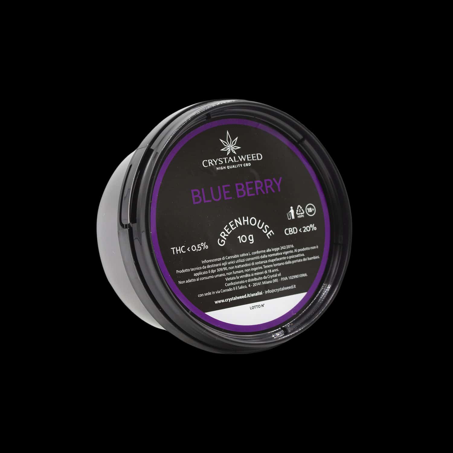 Barattolo Crystalweed &ldquo;Blue Berry&rdquo; da 10 g per infiorescenza CBD su sfondo nero.