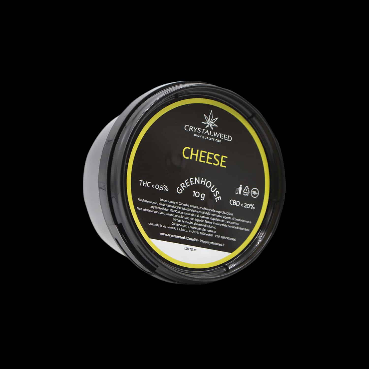 Barattolo Crystalweed &ldquo;Cheese&rdquo; da 10 g per infiorescenza CBD su sfondo nero.