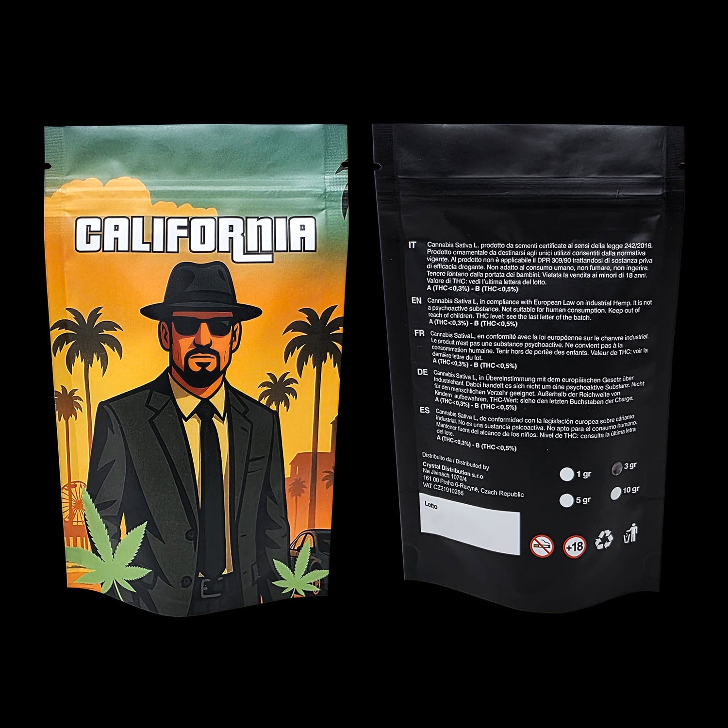 Packaging &ldquo;California&rdquo; Crystalweed per infiorescenza CBD, fronte e retro della busta su sfondo nero.