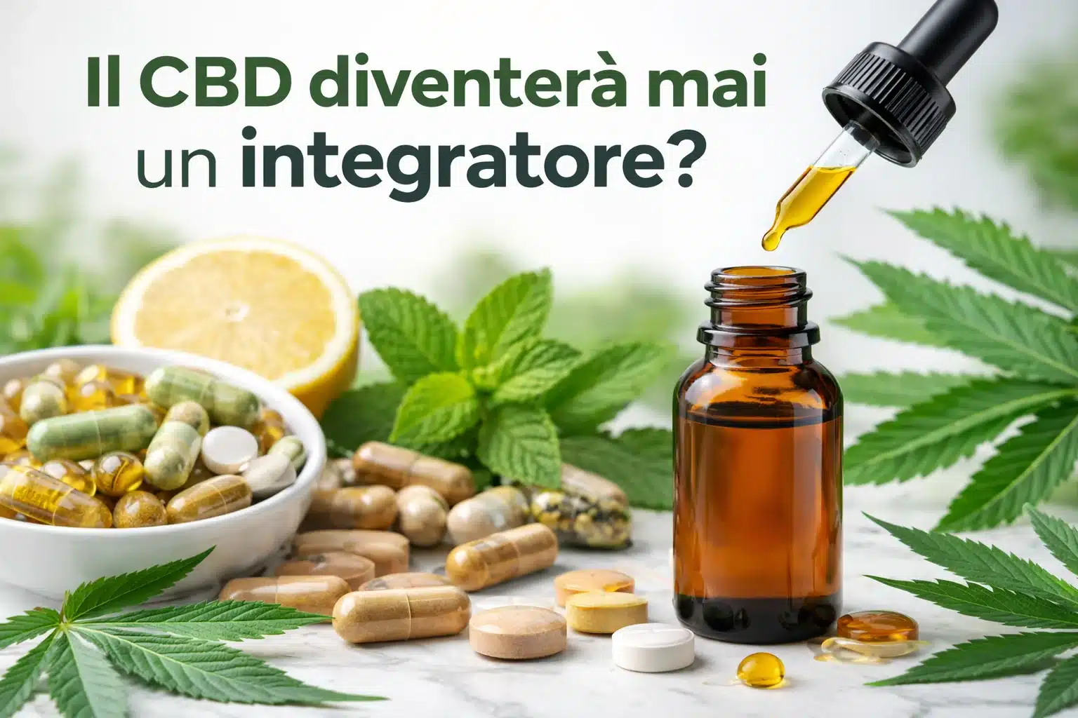 Olio di CBD con capsule e integratori naturali, immagine che rappresenta la domanda se il CBD potr&agrave; diventare un integratore