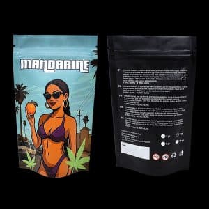 Packaging “Cali Mandarine” Crystalweed per infiorescenza CBD, fronte e retro della busta su sfondo nero.